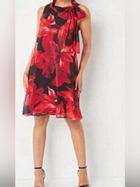 Robbie Bee Red and Black Floral Tie-Neck Mini Dress